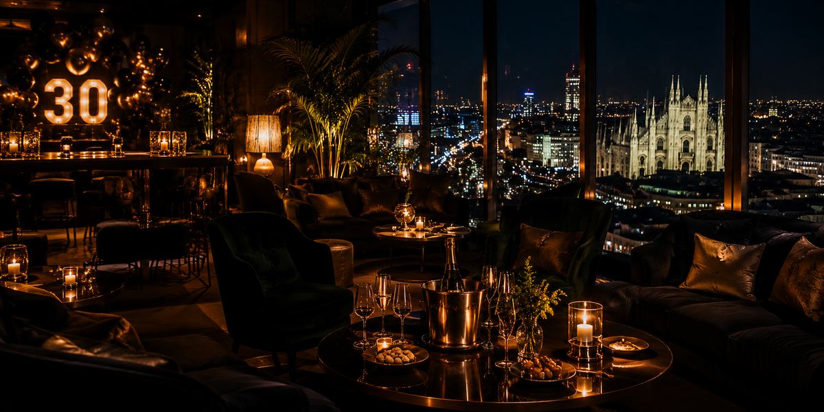 Location esclusiva per festa di trentesimo a Milano con rooftop panoramico e allestimento elegante serale