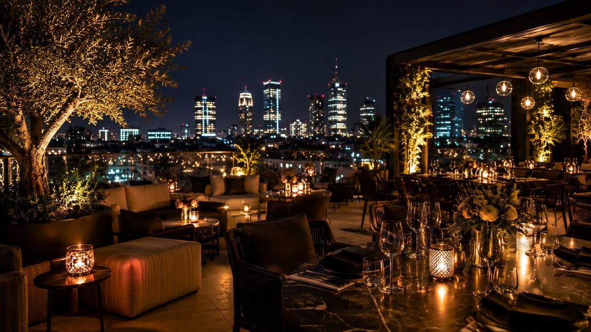 Location esclusiva per feste private a Milano con rooftop panoramico, tavoli eleganti e atmosfera serale