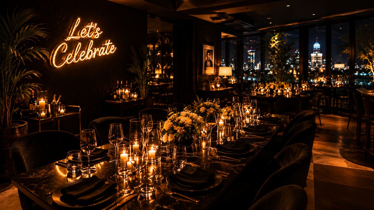 Allestimento elegante per festa privata a Milano con tavolo decorato, luci soffuse e location esclusiva serale